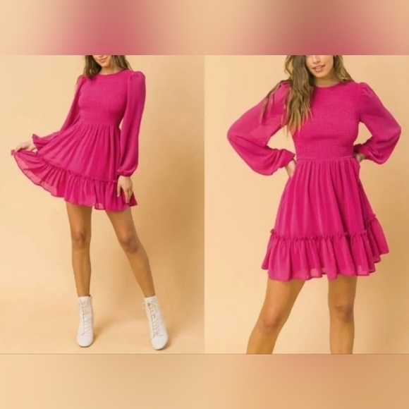 Crewneck Long Sleeve Smocked Ruffle Hem Dress A-Line Flowy Mini Tiered D… - Picture 1 of 10